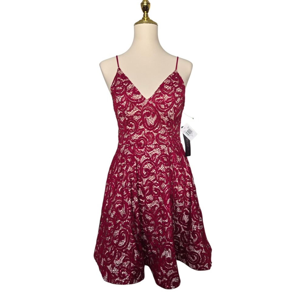 My‎ Michelle Burgundy Lace Fit & Flare Dress Size 5 Spaghetti Strap NWT